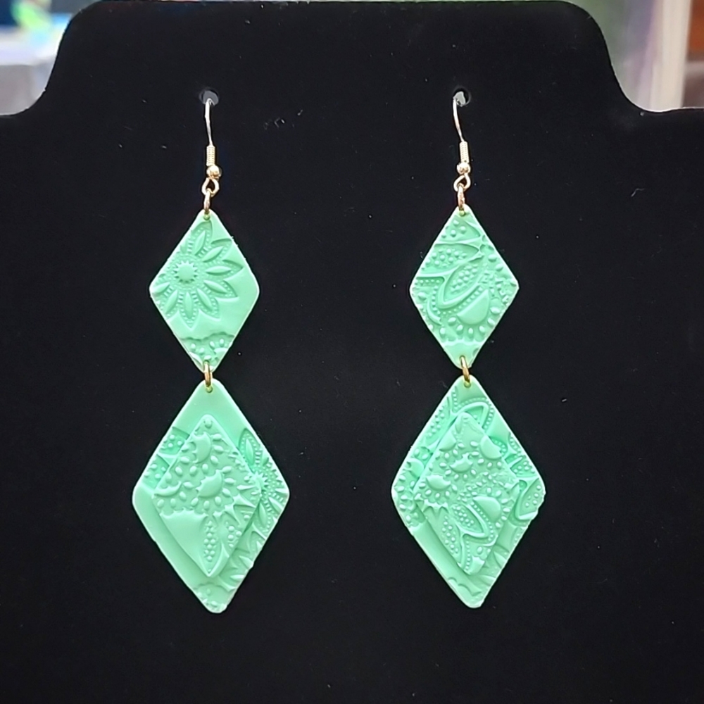 Mint Green Clay Polymer Diamond Flower Design Earrings